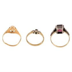 18ct gold faux pearl ring, 9ct gold stone set ring and a 9ct gold and silver stone set ring, all stamped or hallmarked
