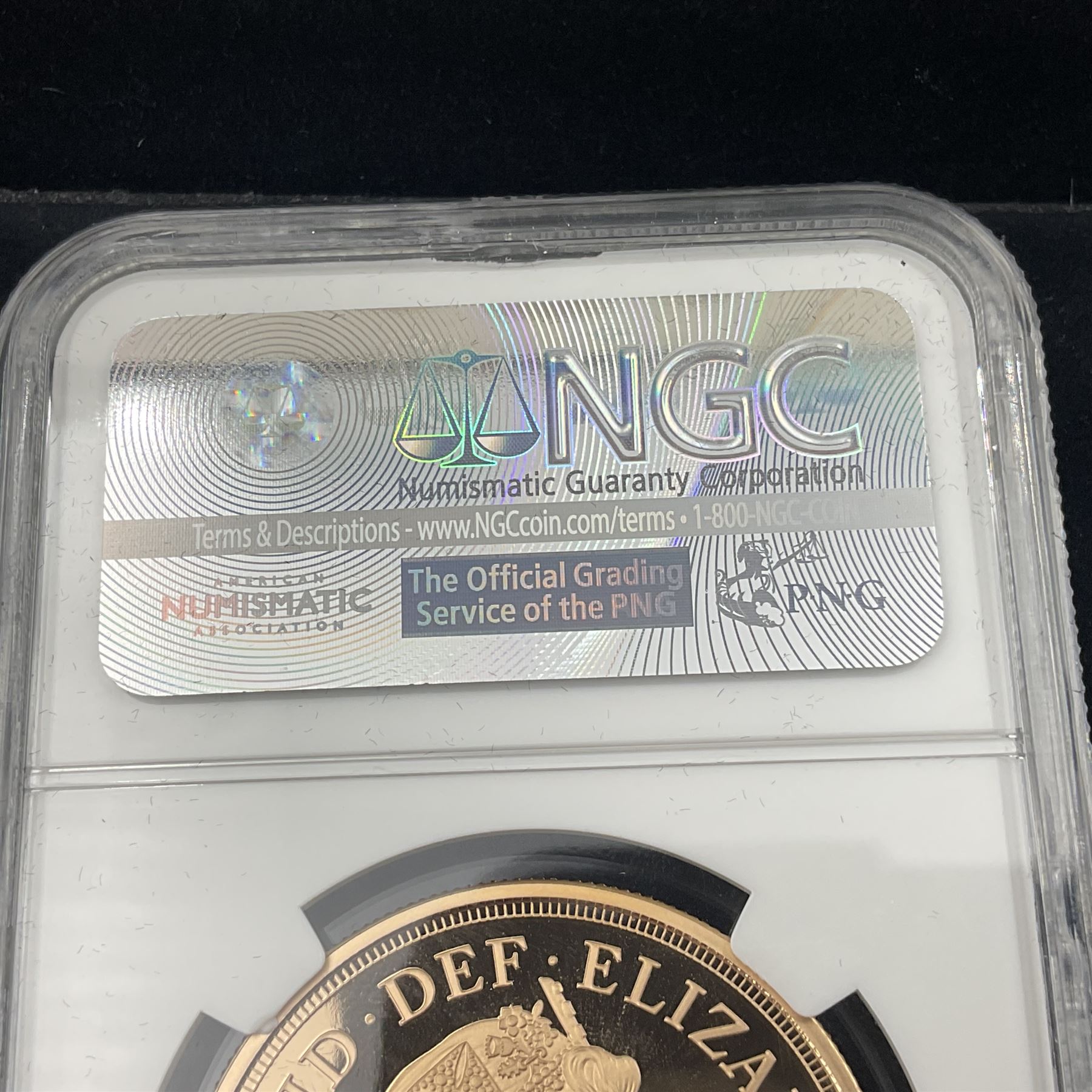 Queen Elizabeth II 2015 gold proof five sovereign coin, encapsulated and graded by NGC 'PF 70 Ultra Cameo one of first 250 struck'