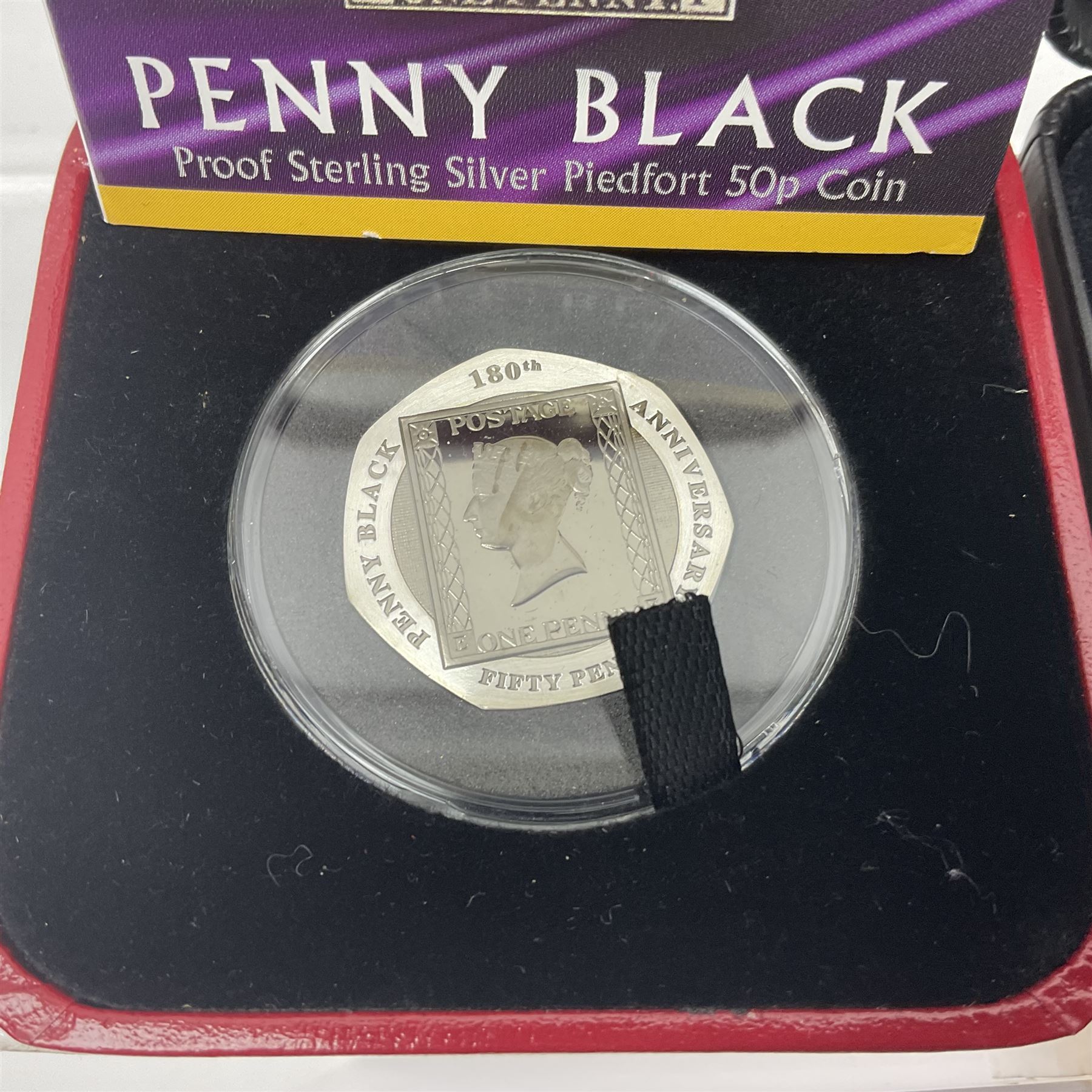 Six Queen Elizabeth II silver proof coins, comprising Government of Niue 2018 ‘The Flanders Remembrance Poppy’ two dollars, Solomon Islands 2020 ‘80th Anniversary of the Battle of Britain’ five dollars, Alderney 2019 ‘The 75th Anniversary of D-Day’ five pound, Alderney 2019 ‘Remembrance Day’ five pound, Bailiwick of Jersey ‘Prince Philip 70 Years of Service’ five pound, Pobjoy Mint Gibraltar 2020 ‘Penny Black’ fifty pence coin, with further Pobjoy Mint Gibraltar 2020 proof sterling silver piedfort ‘Penny Black’ fifty pence coin, all boxed with certificates