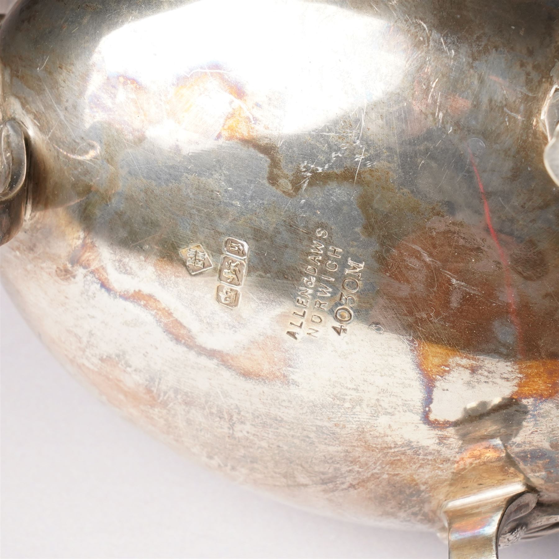 Late Victorian silver sauceboat with crimped rim, C scroll handle on shaped supports Sheffield 1899 Maker Martin Hall & Co, retailed by Allen & Daws, Norwich