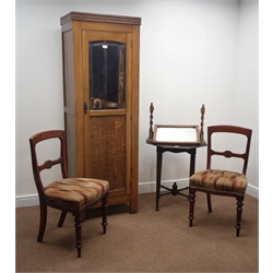  Early 20th century narrow oak wardrobe with bevel edge mirror panelled door (W62cm, H184cm, D40cm), two Victorian chairs, upholstered seats, turned supports, hexagonal table and a swing mirror  