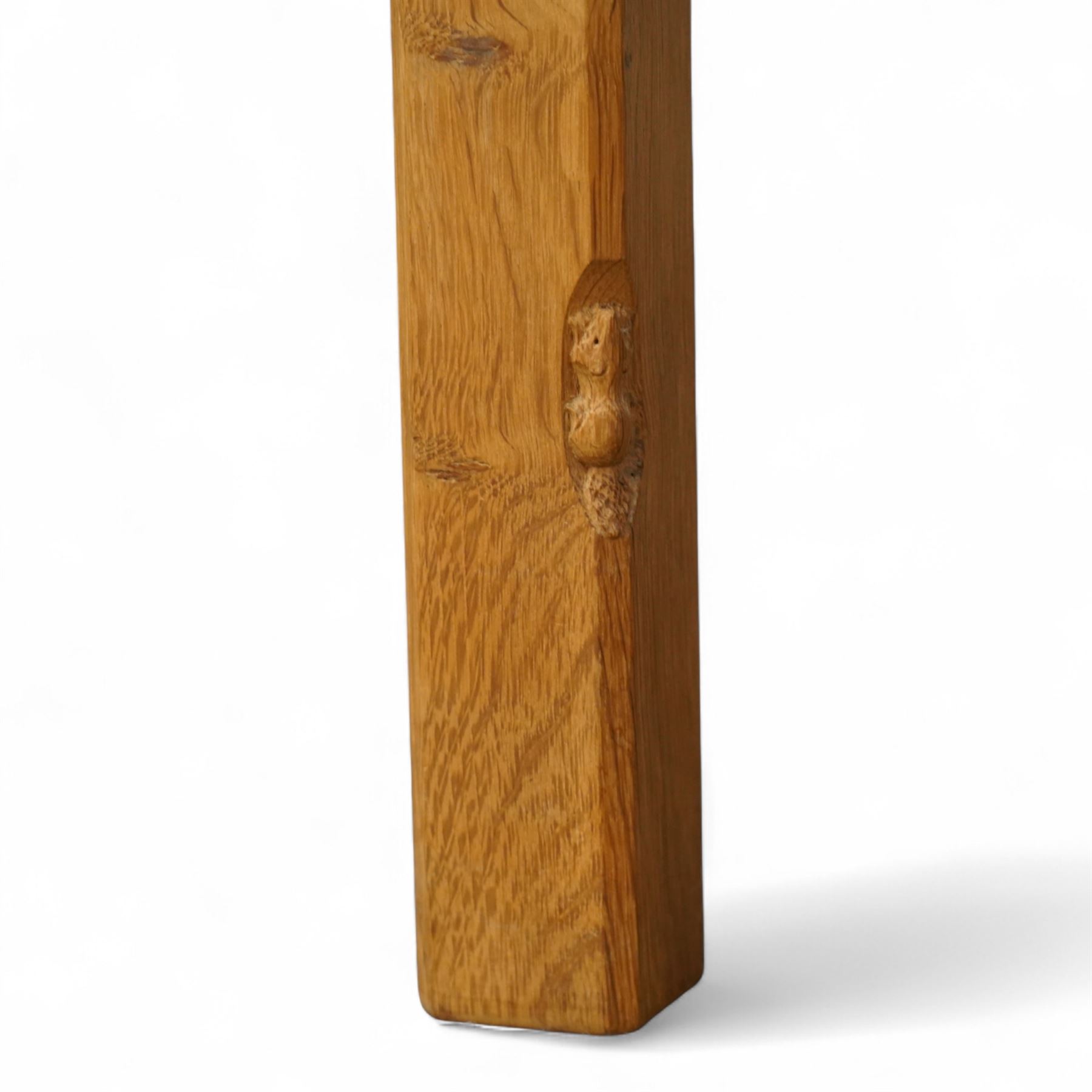 Beaverman - Yorkshire oak 5' double bedstead, panelled headboard and footboard with carved chip and adzed decoration, square corner posts and slatted base by Colin Almack of Sutton near Thirsk