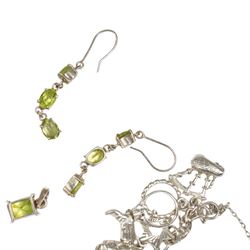 Silver jewellery including charm bracelet, bangle, stone set earrings and matching pendant and two heart pendants