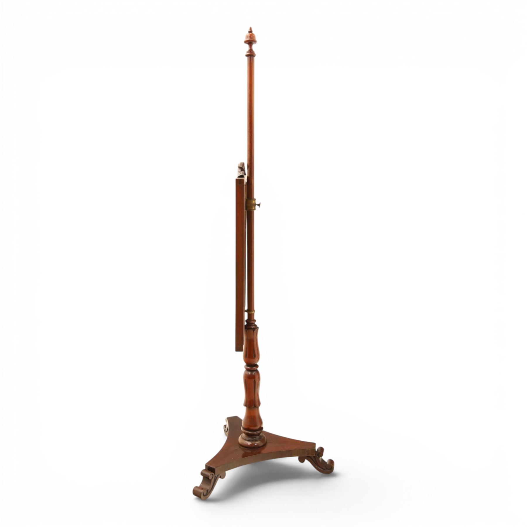 Two Victorian fire screens, comprising mahogany pole screen with glazed floral woolwork panel on turned support and triform base (H 142cm, W 48cm); and a larger carved walnut tapestry fire screen, glazed panel depicting a domestic interior scene, scroll carved cresting, barley twist uprights and turned stretcher base (H 75cm, W 49cm)
