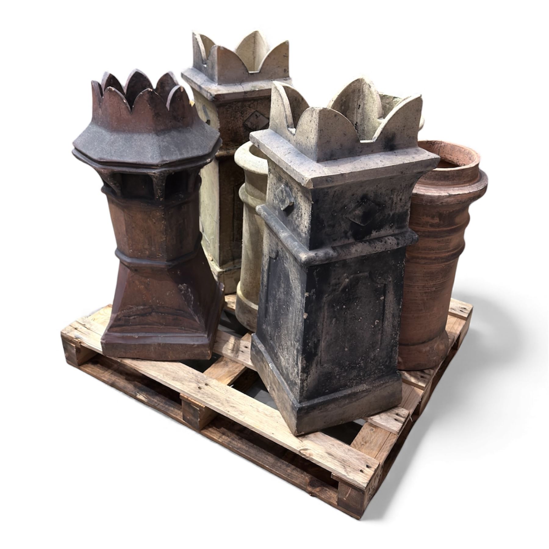 Six reclaimed terracotta / cast stone Chimney pots