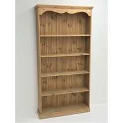  Solid pine open bookcase, projecting cornice, four shelves, plinth base, W92cm, H181cm, D22cm  
