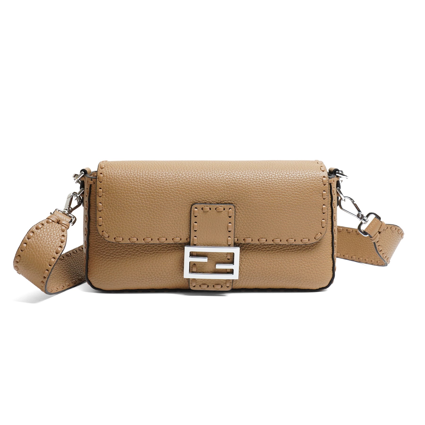 Fendi - Selleria Baguette shoulder bag, tan grained leather with hand-stitched detailing, palladium-tone FF buckle fastening, detachable leather top handle and shoulder strap, with authenticity card, dust bag and box