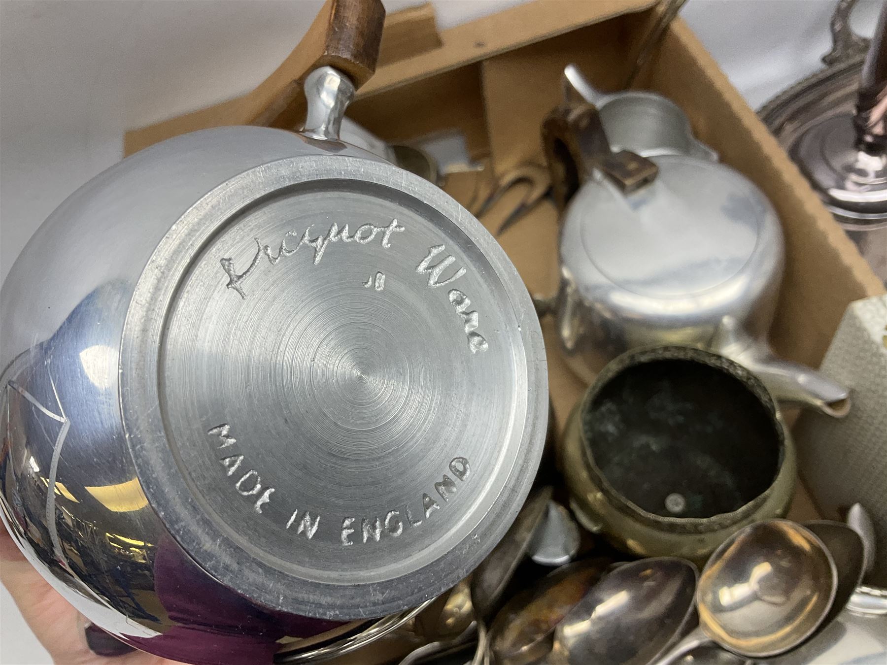 Collection of silver plate to include teapots, coffee pots, milk jug, sucrier, serving spoons, etc, together with pewter tankards 