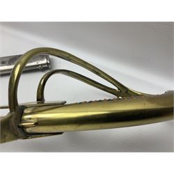 19th century Russian Imperial Navy sword, with 77.5cm curving fullered blade, brass three-bar hilt with lozenge shaped langets and wire-bound leather grip; in polished steel scabbard with one suspension ring L97cm overall