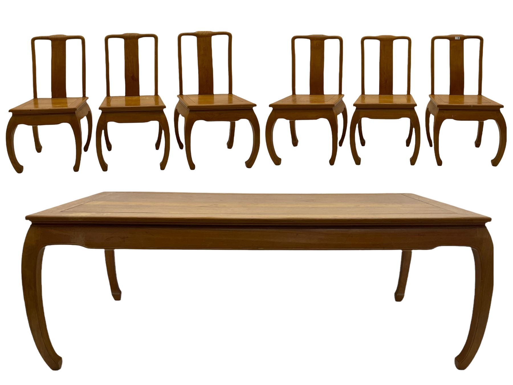 Oriental hardwood rectangular dining table, and six high back dining chairs with solid seats