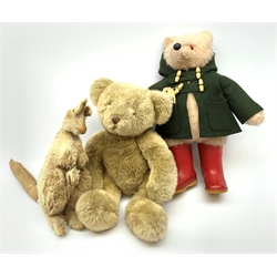Paddington Bear soft toy, probably by Gabriel Designs with green duffle coat and Dunlop red WellingtonsH48cm; unmarked plush fur figure of a kangaroo with Joey; and Padsworth plush covered teddy bear (3)