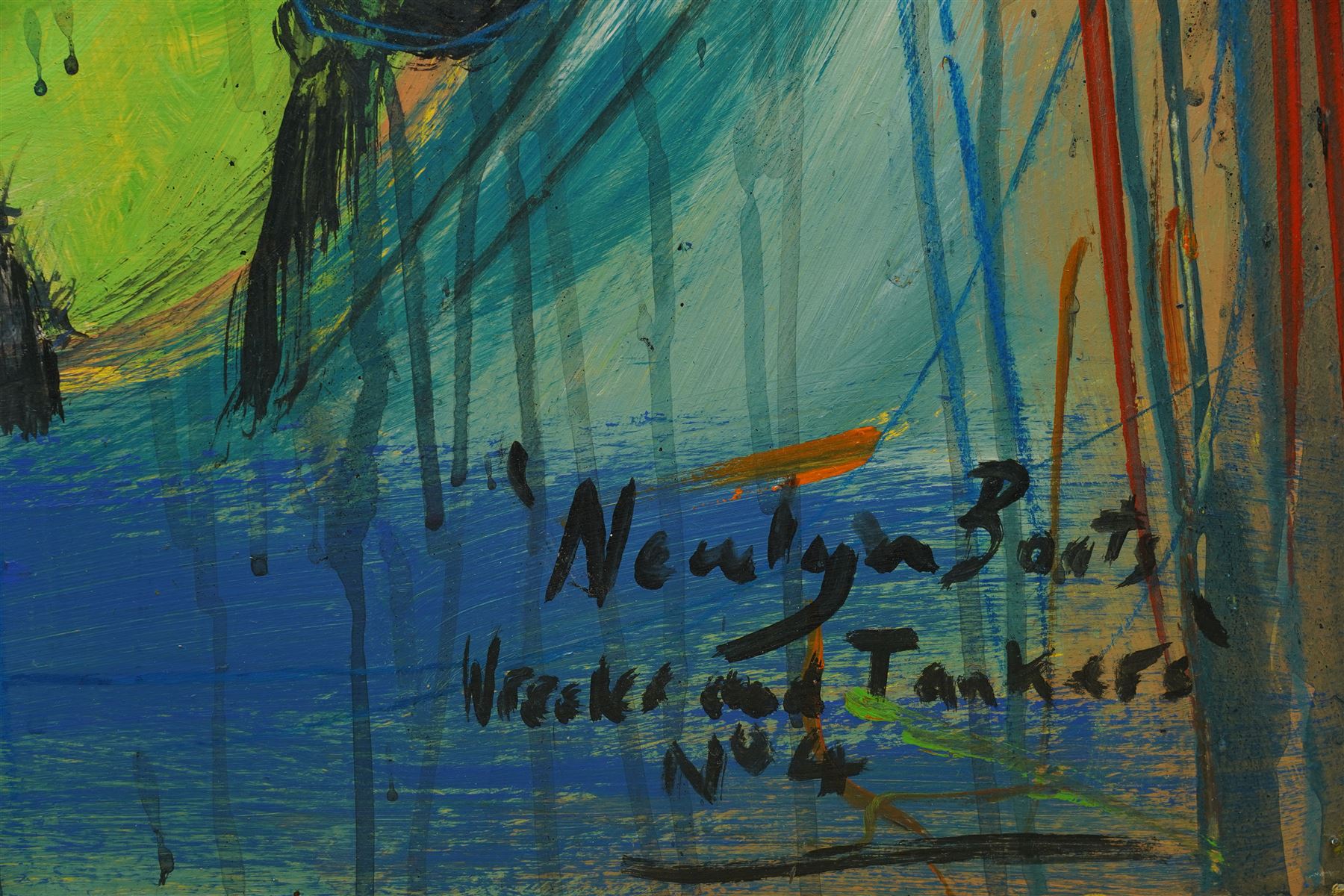 Newlyn School (Mid-20th century): 'Newlyn Boats Wrecks and Tankers no.4' oil on board titled but unsigned 71cm x 69cm (unframed)
