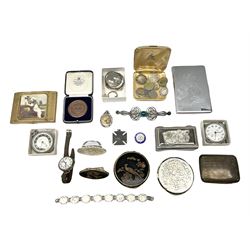Hallmarked silver and enamel York County Hospital nursing badge, locket pendant stamped 925, stamped silver coin bracelet with pre 1920 Great British silver coins, various other coins, watches, compact mirrors, cases and boxes etc
