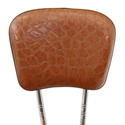 Pair of 20th century French chrome and crocodile effect bistro chairs, shaped padded back and seat upholstered in mock-croc faux leather on tapering chrome supports