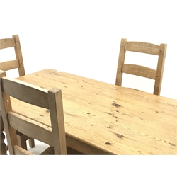 Rectangular pine farmhouse dining table (W75cm x L152cm) and four beech ladder back chairs with string seats