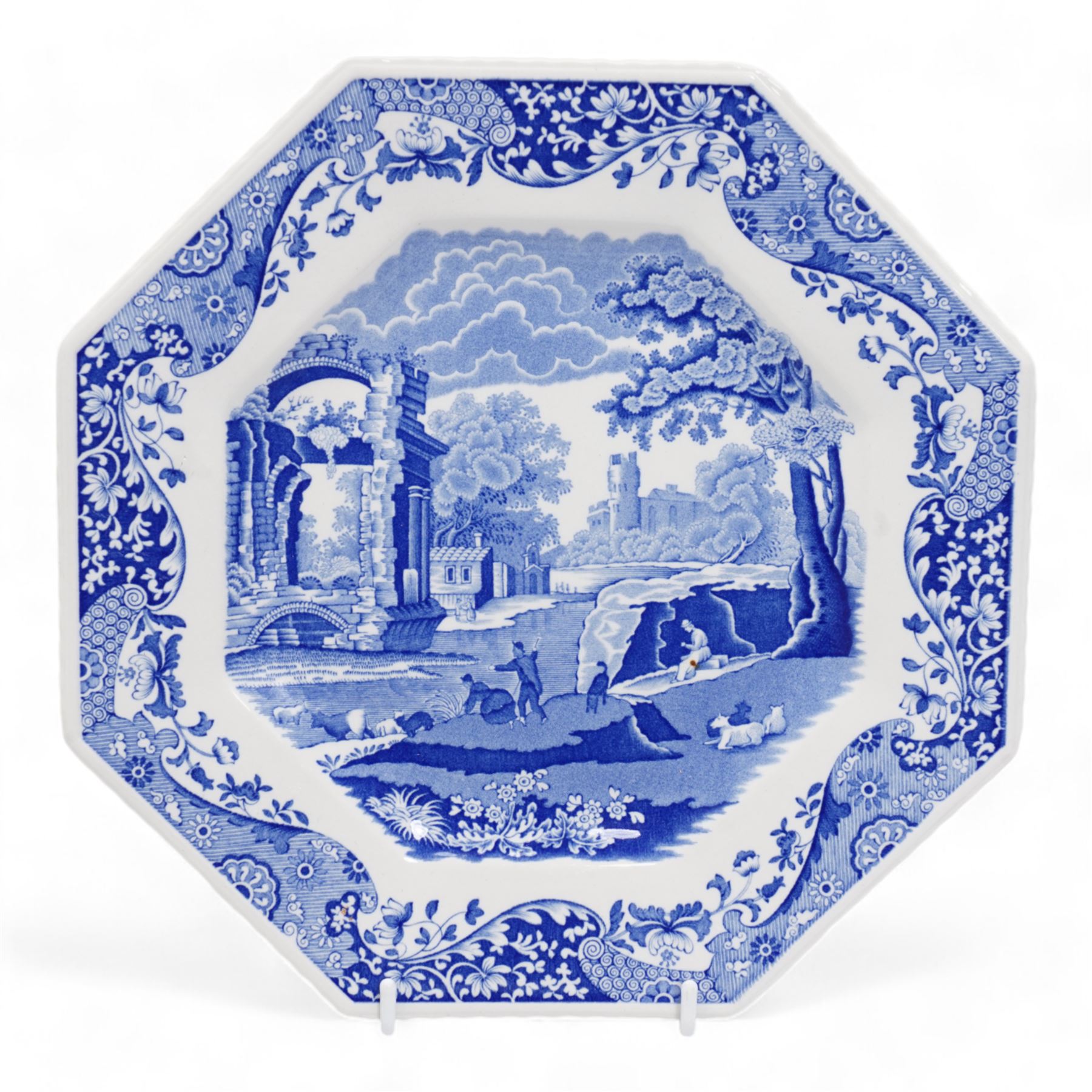 Copeland Spode Italian tableware to include four large bowls, jug, octagonal plate, four other larger plates, ten bowls of various sizes, butter dish, preserve jar, toast rack, set of six teaspoons and six pastry forks etc, all with black backstamps 