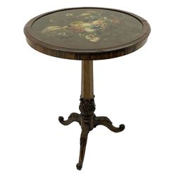 Early Victorian rosewood tripod pedestal table, circular moulded top hand painted with flowers and birds on slate, on tapered hexagonal column with carved acanthus leaf baluster, three splayed supports carved with foliage and scrolling terminals 
