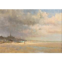 Jon Peaty (British 1914-1991): Beach Scene with Boats, oil on board signed and dated '82, ...