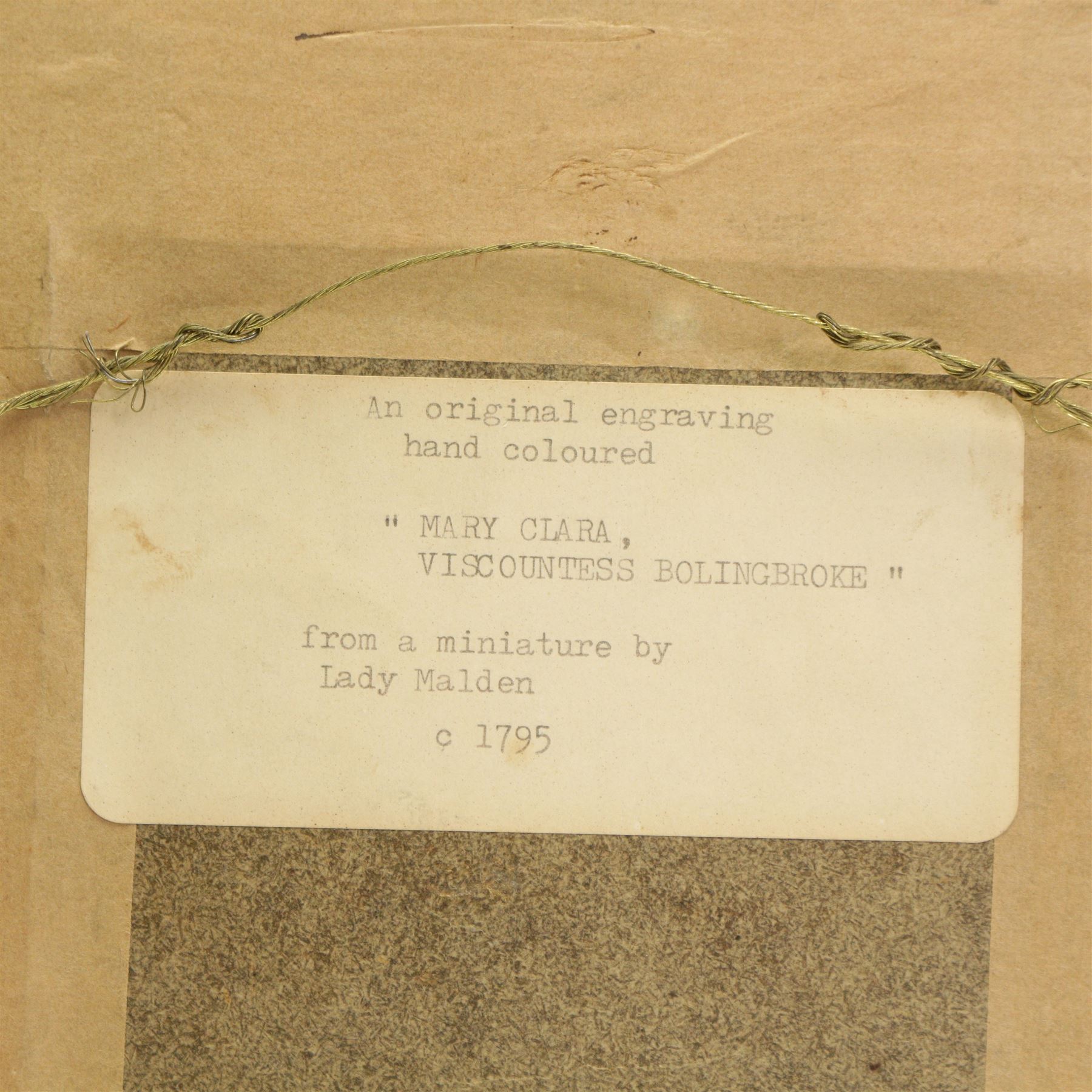 After Lady Sarah Malden (British c1761-1838) and Samuel Shelley (British 1750-1808): 'Mary Clara - Viscountess Bolingbroke' and 'Mrs Bryan',  pair 19th century engravings with hand-colouring, titled verso, in matching frames 7cm x 6cm (2)