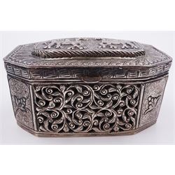 Indian silver box, of rectangular form with canted corners, with pierced foliate panels and chassed and embossed with various motifs including flower heads, scrolls, fish and two camels to the hinged cover, H8.5cm W11.5cm D6.5cm, approximate weight (270 grams)