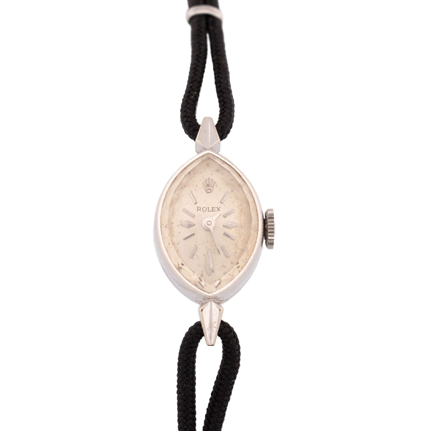 Rolex ladies 14ct white gold manual wind wristwatch, circa. 1960's, silvered dial with baton and diamond hour markers, marquise shaped case, stamped 14K, on black cord bracelet