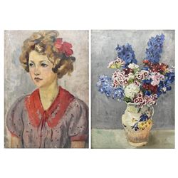 Philip Naviasky (Northern British 1894-1983): Still Life of Flowers in a Vase (recto) and Portrait of a Girl with a Bow in Her Hair (verso), two oils on board painted recto and verso, the former signed in pen 56cm x 41cm