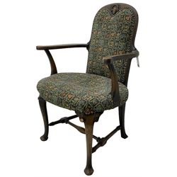 Early 20th century Queen Anne design beech framed armchair, on cabriole supports joined by turned stretchers 