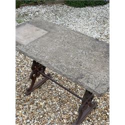 Cast iron garden table, 19th century, the stone flag top raised on end supports with kite registration mark, decorated with acanthus and united by stretcher. H75cm, L115cm, D56cm.  - COLLECTION BY APPOINTMENT FROM: The White House, Thirsk Road, Easingwold, York, YO61 3NF - CALL 01723 507111 TO ARRANGE