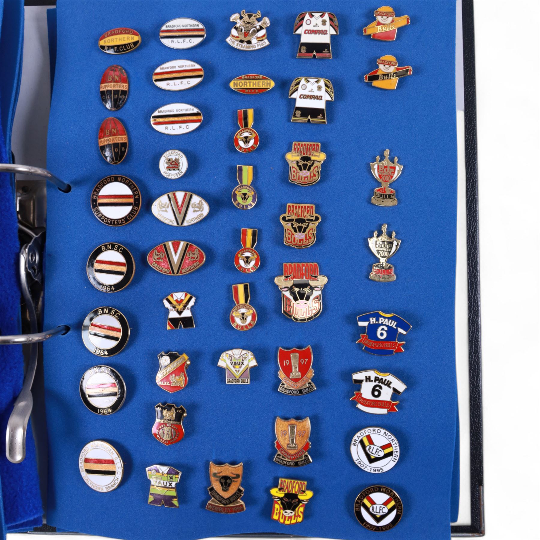 Rugby league enamel badge collection, from Barrow Raiders, Batley, Blackpool Panthers, Bradford Northern, Bradford Bulls, Bramley, Castleford, Catalan Dragons, Celtic Crusaders, Dewsbury Rams, Doncaster, Featherstone Rovers and Halifax, housed in two folders, (approximately 280)