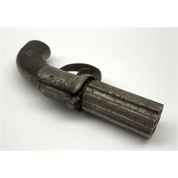 Mid-19th century unmarked .32 calibre six-shot percussion cap revolving pepperbox pistol, with engraved action and top of bar-hammer and trigger guard, shrouded nipple guard and chequered walnut split grip, 21cm overall
