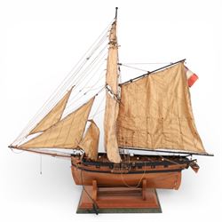 Kit built wooden schooner ship model, upon wooden plinth, H63cm, W63cm