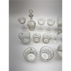 A number of Victorian tumblers and Edwardian drinking glasses, together with a large quantity of other later glassware, to include a glass table lamp base, drinking glasses of various forms, a number with cut decoration, other assorted cut glass including jug, vases, jars and covers, etc. 