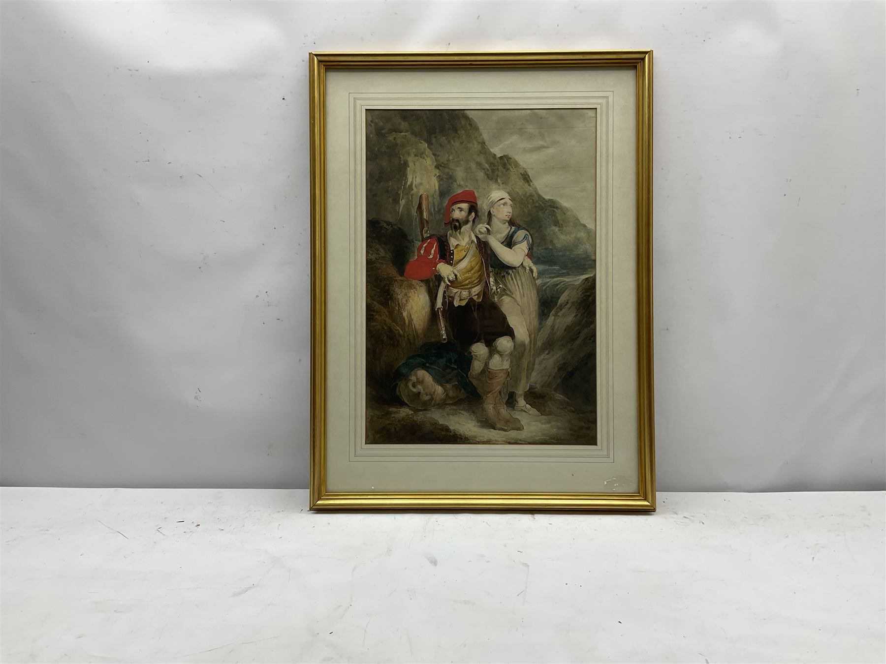 Thomas Uwins (British 1782-1857): The Soldier and his Girl, pen ink and watercolour over pencil signed 46cm x 32cm