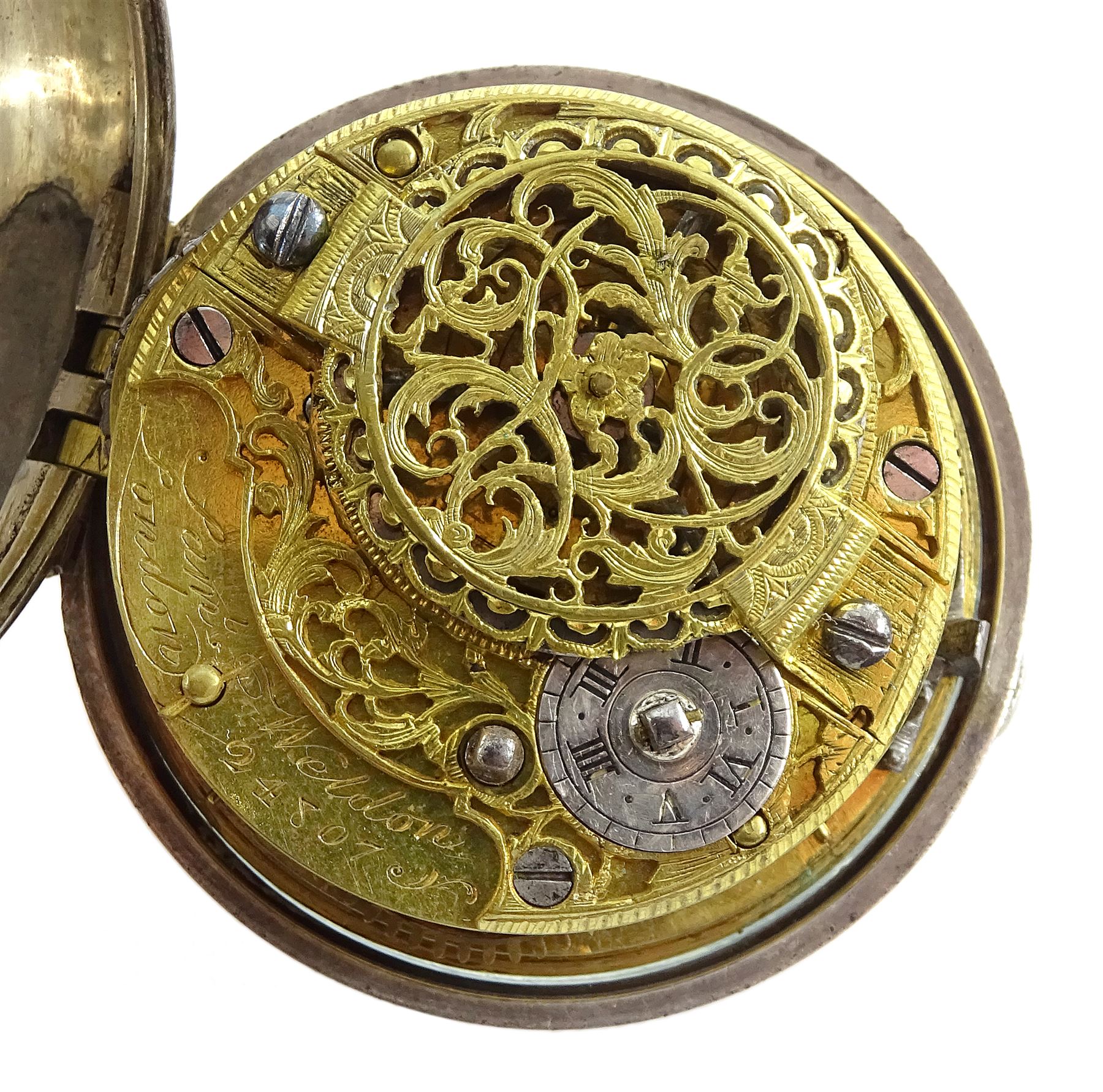 Early George III silver repousse pair cased verge fusee pocket watch by Samuel Weldon, London, No. 24807,  square baluster pillars, pierced and engraved balance cock, white enamel dial with Roman hours and outer Arabic minute ring, Louis XIV hands, bull's eye glass, inner case marked D. P, London 1761, the  outer case depicting figures in a garden setting with scroll borders