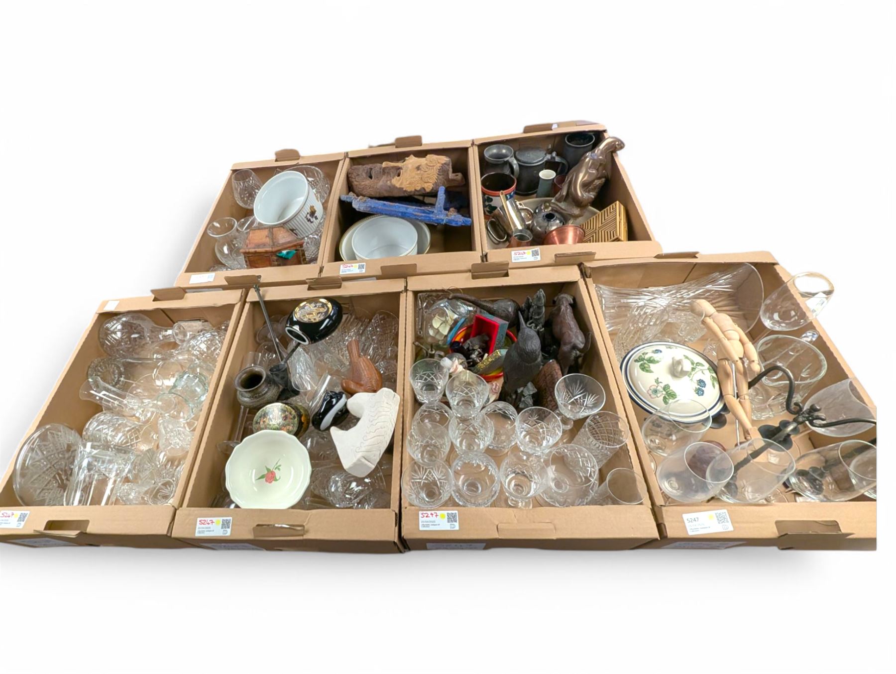 Collection of cut glass and crystal, including Dartington Crystal, glasses, decanters, vases, jug, carved wooden mask, Royal Worcester Evesham dishes, pewter tankard, Langham Glass cat, etc, in seven boxes