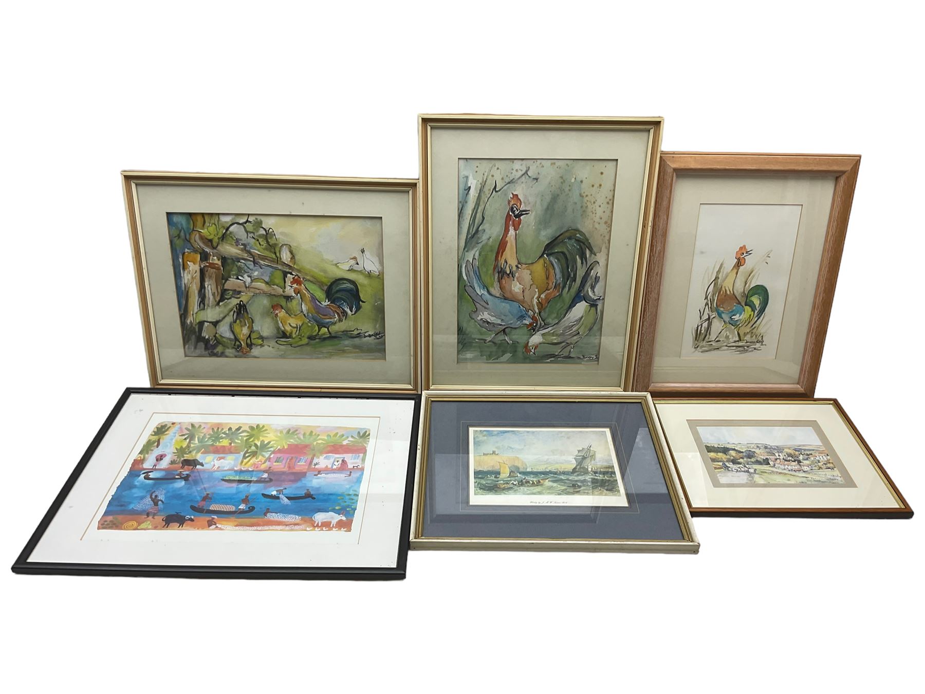 Stephen Broadbent (Yorkshire Contemporary): 'On the Water', watercolour signed, titled verso with artist's Lockton address 16cm x 25cm ; together with a collection of further local watercolours, John Freeman print, and further prints (10)