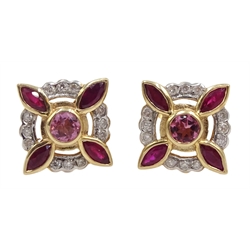 Pair of 9ct gold pink tourmaline, diamond and ruby stud earrings by Luke Stockley