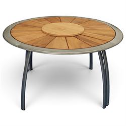 Circular metal framed and teak garden table