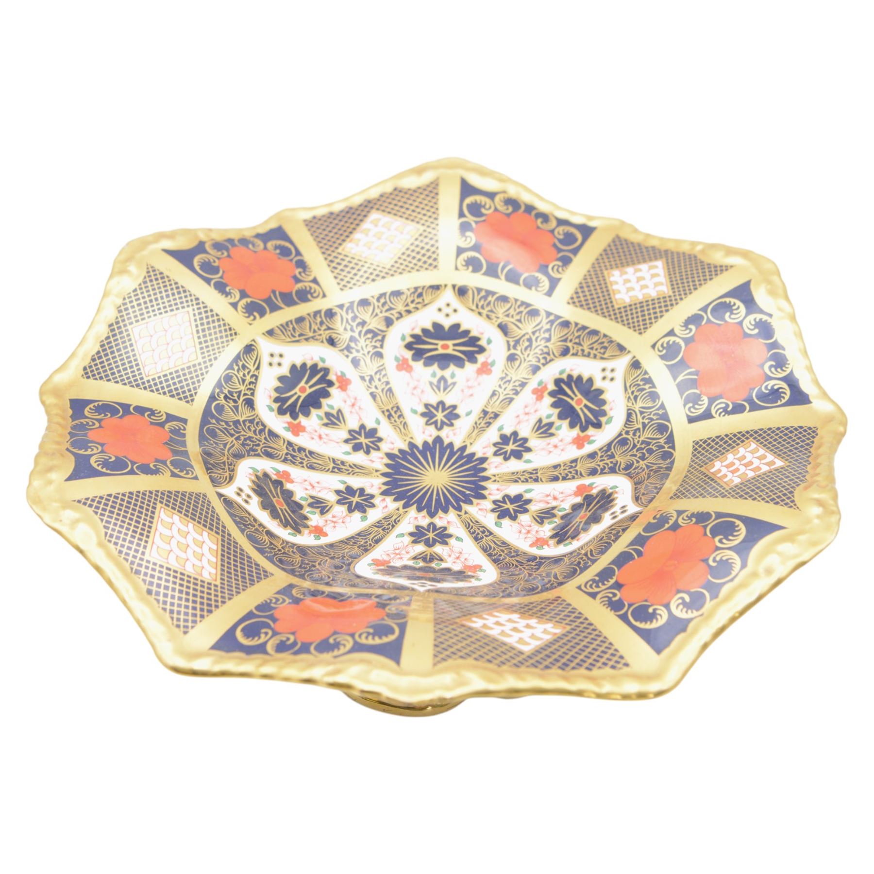 Royal Crown Derby Imari 1128 pattern comport with fluted rim, with printed marks beneath including year cypher for 1998, second quality, H12cm, D30cm