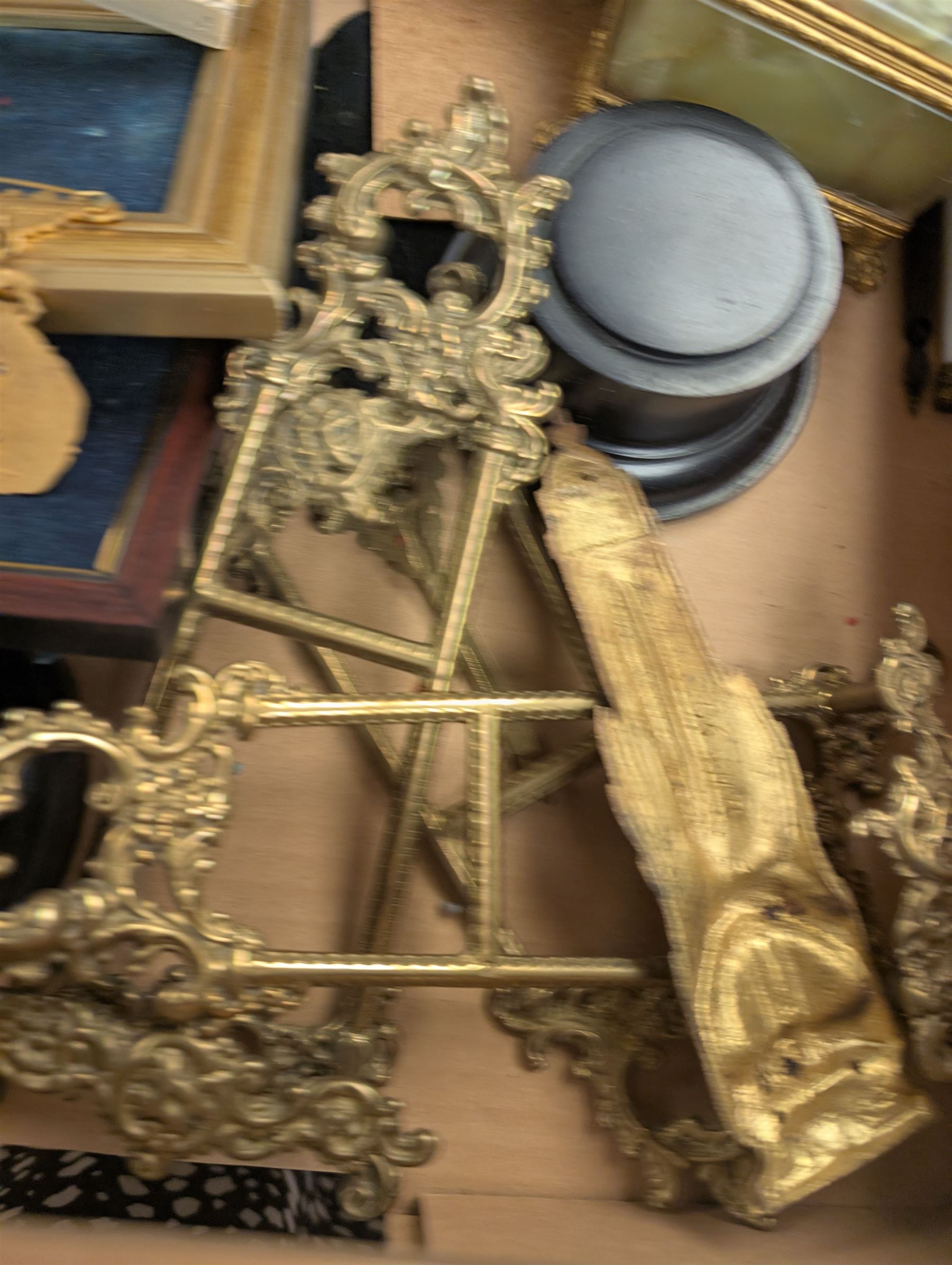 Brass easels, onyx box, frames, costume jewellery, pen nibs, etc, in two boxes