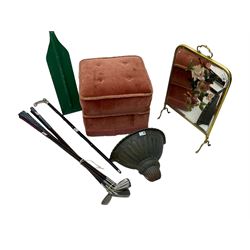 Cast iron wall planter or pocket (W42cm), small footstool upholstered in pink, collection of golf clubs, a paddle and a walking stick (5)