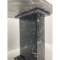Marble hall table with orthoceras and goniatite inclusions, the rectangular top upon two rectangular stepped plinths, H75cm, L135cm, D78cm 