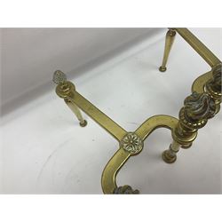 Early 20th century brass coal bucket with pierced sides, upon three pad feet, together with a pair of brass fire dogs, with flambe finials, coal bucket H27cm