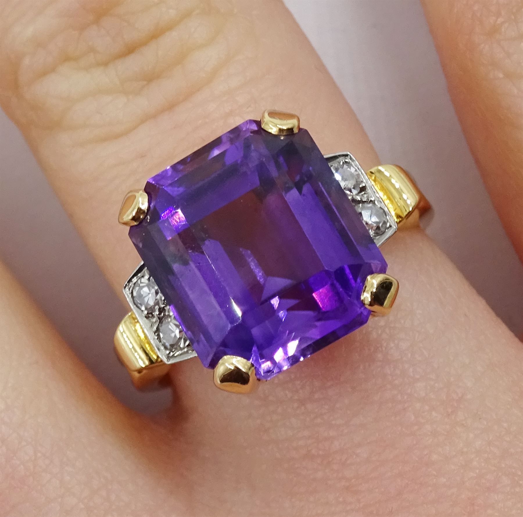 Gold amethyst and four stone diamond ring, stamped 14K