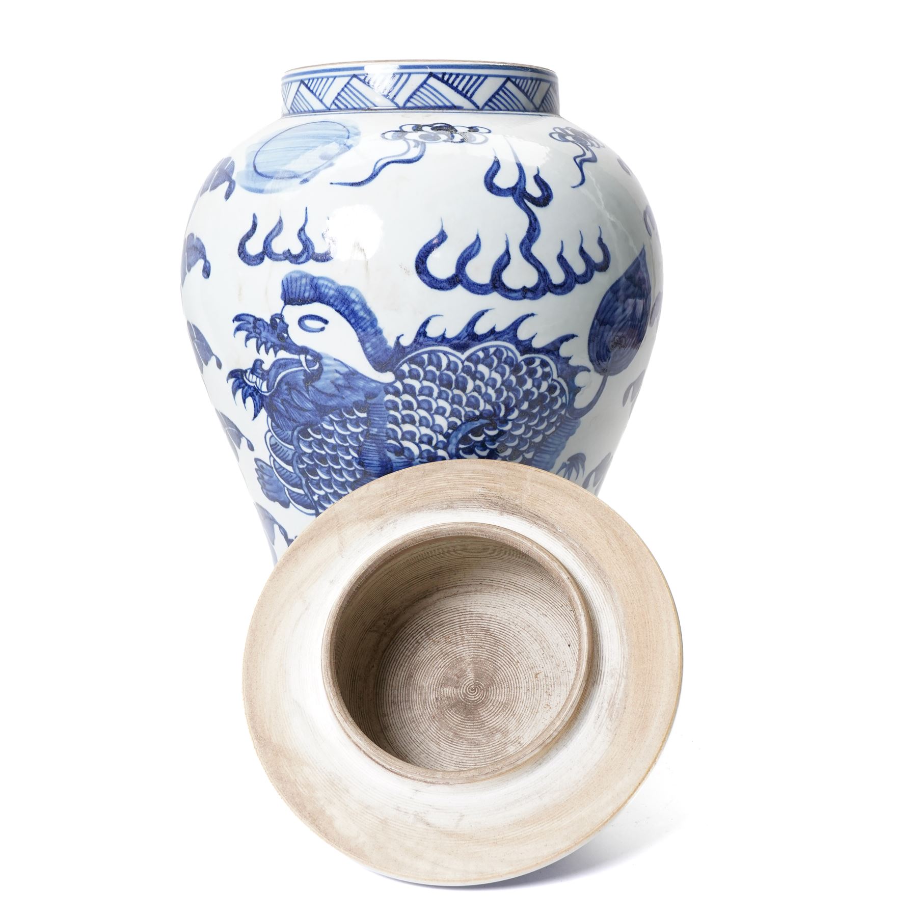 Pair of blue and white Chinese baluster vases and covers decorated with dragons, foliage etc H49cm