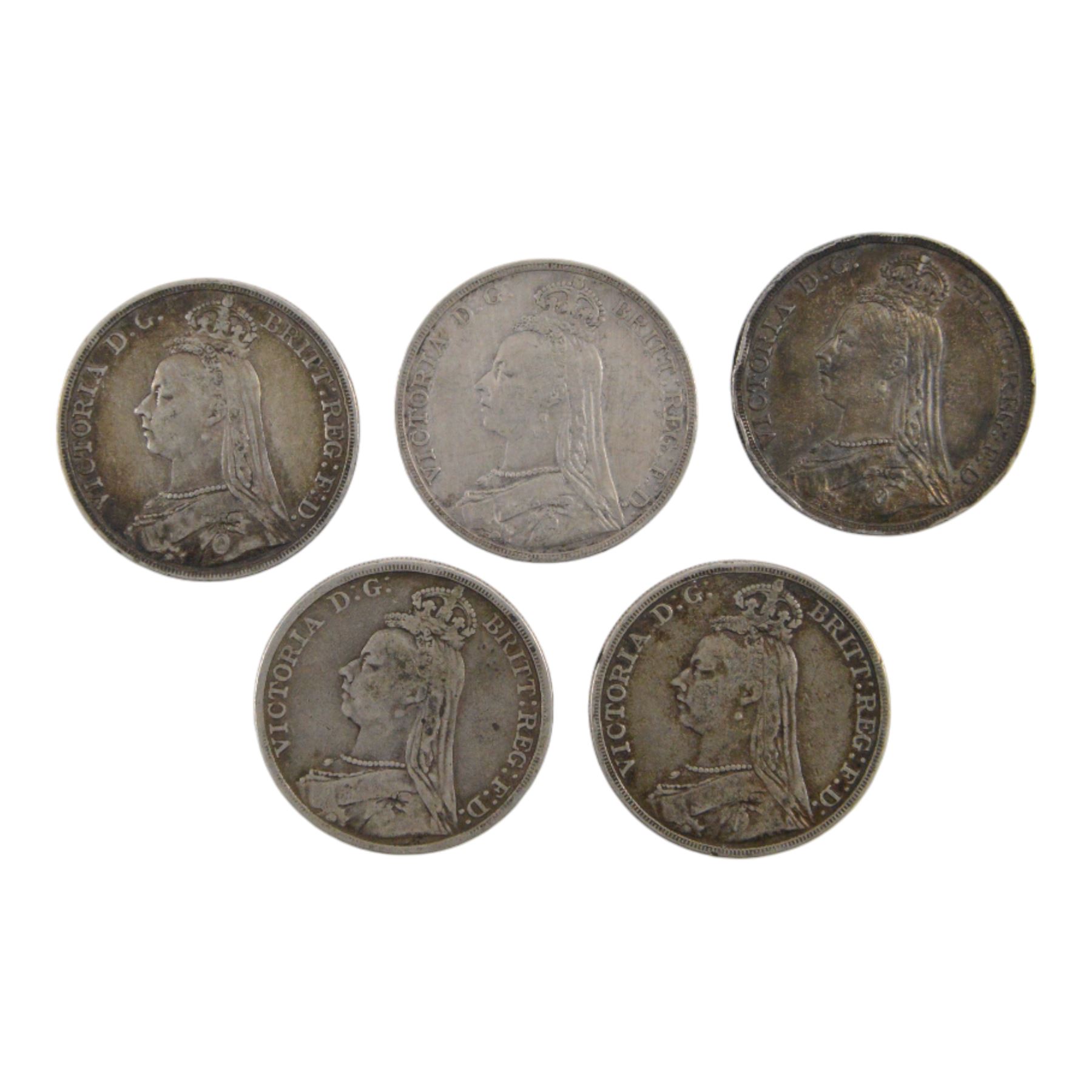 Five Queen Victoria silver one crown coins, 1889 (3) and 1892 (2)