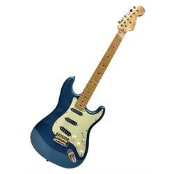 Fender Stratocaster style electric guitar in metallic blue with Rio Grande pick-ups and Fender back-plate L98cm; in Fender soft carrying case
