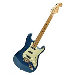  Fender Stratocaster style electric guitar in metallic blue with Rio Grande pick-ups and Fender back-plate L98cm; in Fender soft carrying case