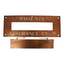 Framed County Fire Office brass plaque, inscribed in red enamelled letters 'Agent County Fire Office Founded 1806', overall 26cm x 51cm, together with Phoenix Assurance Co Ltd copper letter box cover, 7cm x 45.5cm, and two bronze signs, the first detailed 'Phoenix Assurance Company Limited', the second 'London Guarantee and Accident Company Limited' second example 21.5cm x 25cm 