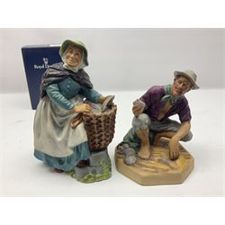 Five Royal Doulton figures, comprising The Milkmaid HN2057, New Baby HN 3713, With Love HN3393, Old Meg HN2494 and Beachcomber HN2487